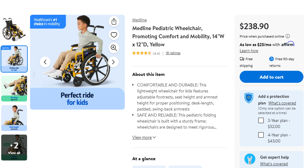 Medline Pediatric Wheelchair, 14"W x 12"D, Yellow - Photo 12